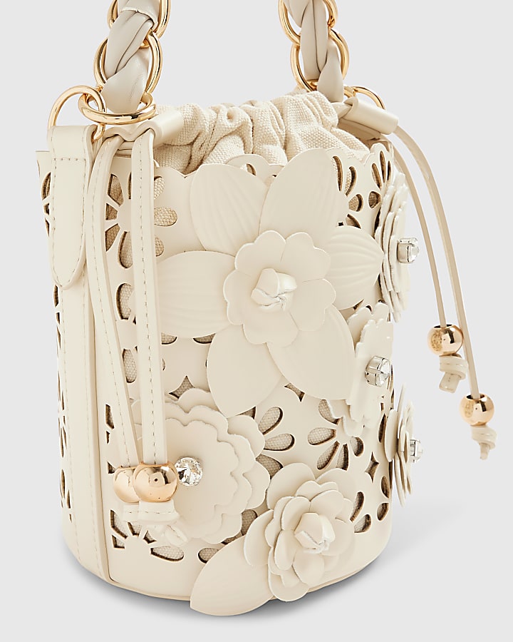 Cream 3D Floral Laser Cut Bucket Bag