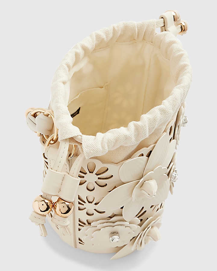 Cream 3D Floral Laser Cut Bucket Bag