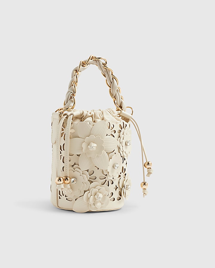 Cream 3D Floral Laser Cut Bucket Bag