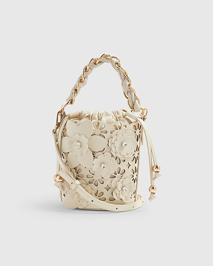 Cream 3D Floral Laser Cut Bucket Bag