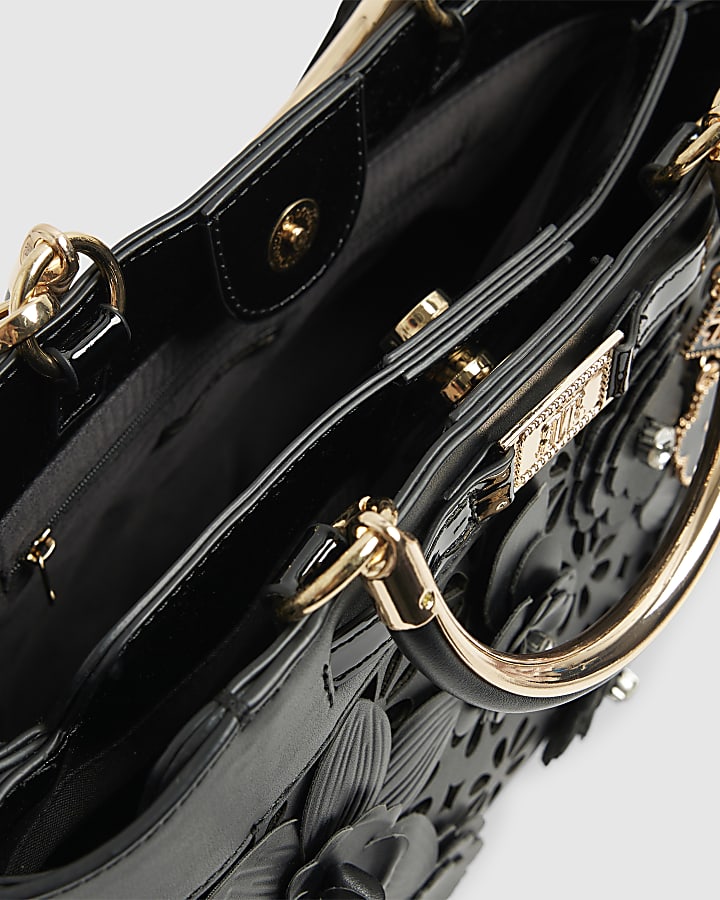 Black 3D Floral Laser Cut Tote Bag