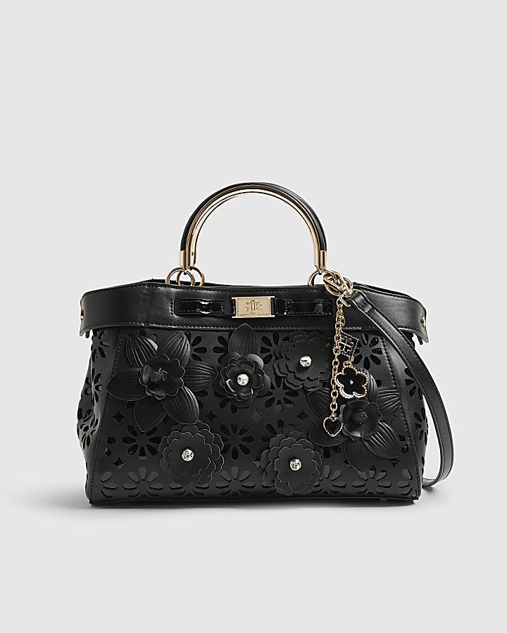 Black 3D Floral Laser Cut Tote Bag