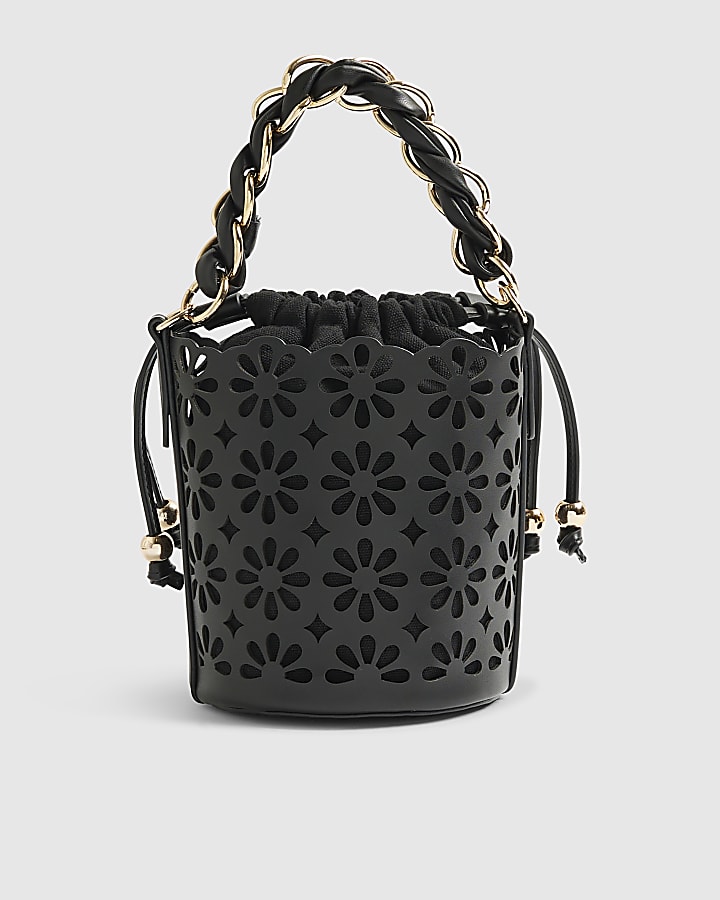 Black 3D Floral Laser Cut Bucket Bag