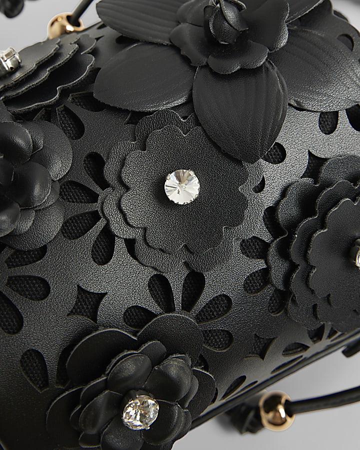 Black 3D Floral Laser Cut Bucket Bag