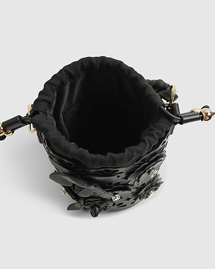 Black 3D Floral Laser Cut Bucket Bag