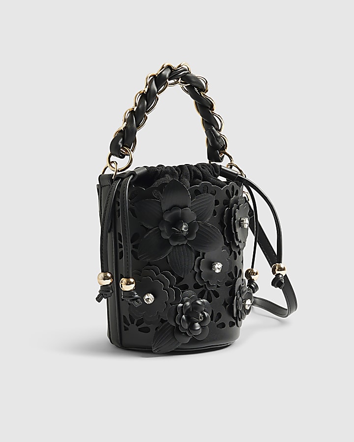 Black 3D Floral Laser Cut Bucket Bag