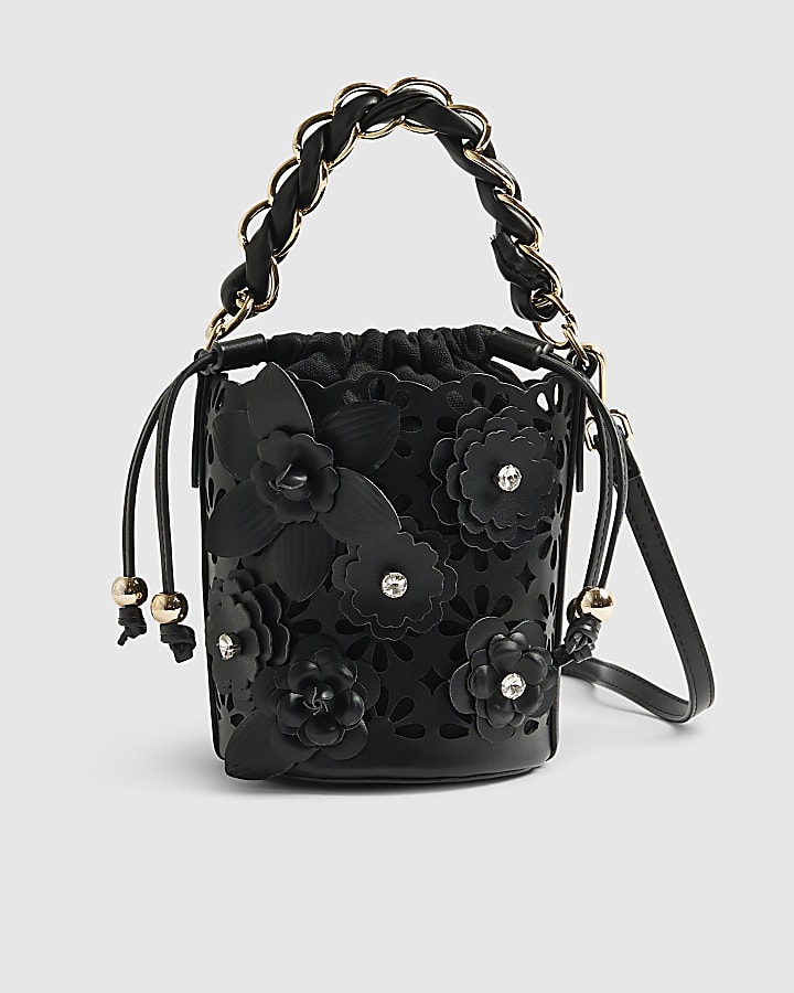 Black 3D Floral Laser Cut Bucket Bag