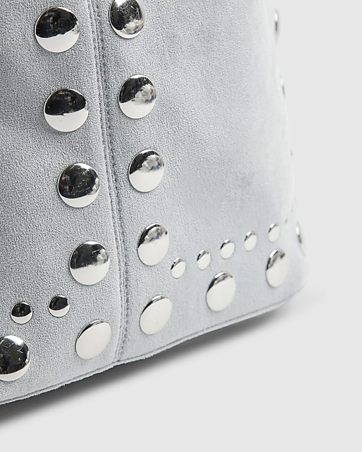 Blue Faux Suede Studded Shoulder Bag