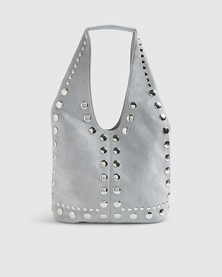 Blue Faux Suede Studded Shoulder Bag