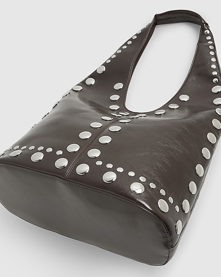 Brown Studded Seam Slouch Shoulder Bag
