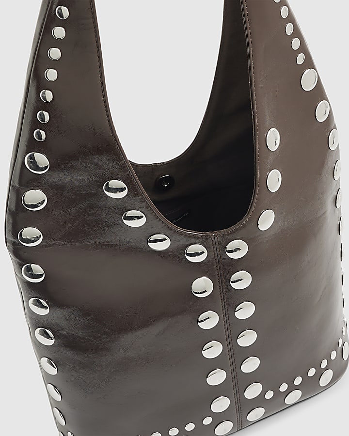 Brown Studded Seam Slouch Shoulder Bag