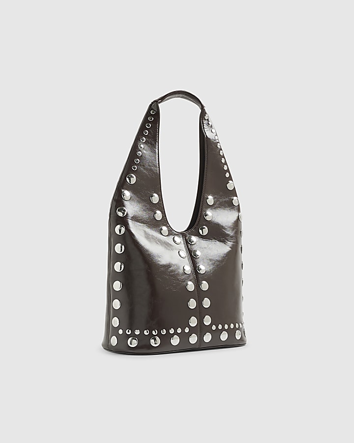 Brown Studded Seam Slouch Shoulder Bag