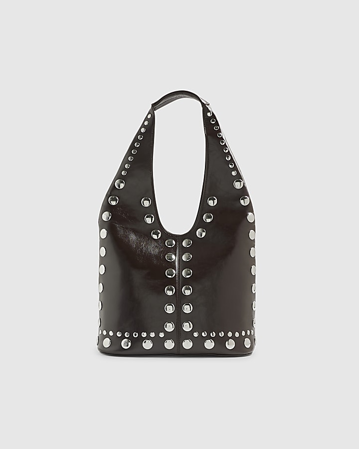 Brown Studded Seam Slouch Shoulder Bag