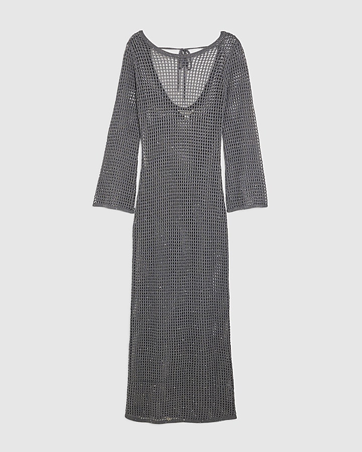 Grey Lurex Long Sleeve Maxi Beach Dress