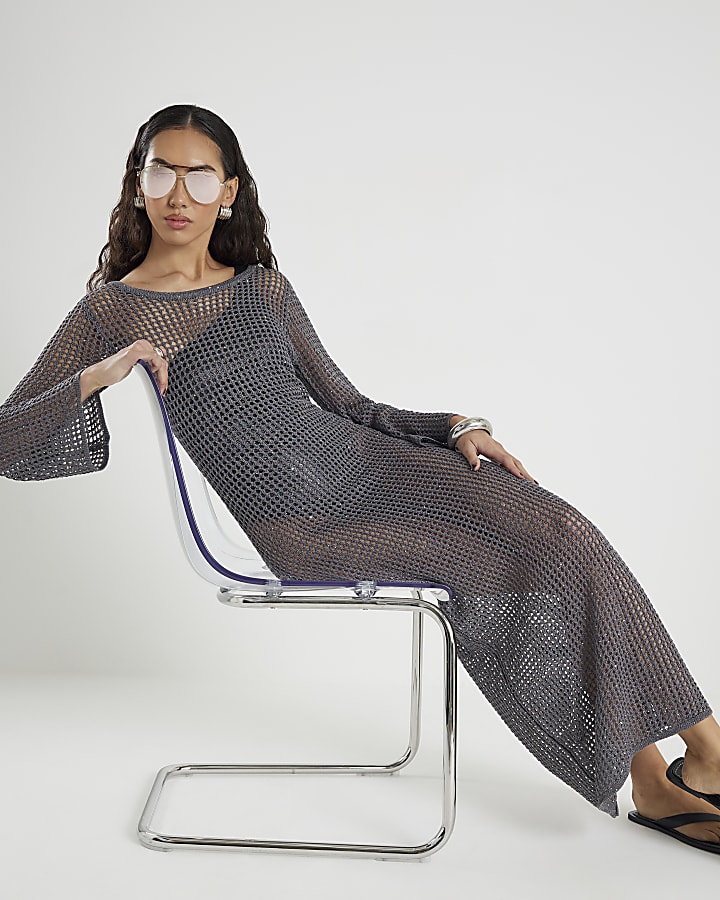 Grey Lurex Long Sleeve Maxi Beach Dress