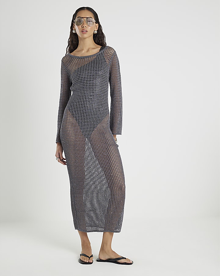 Grey Lurex Long Sleeve Maxi Beach Dress