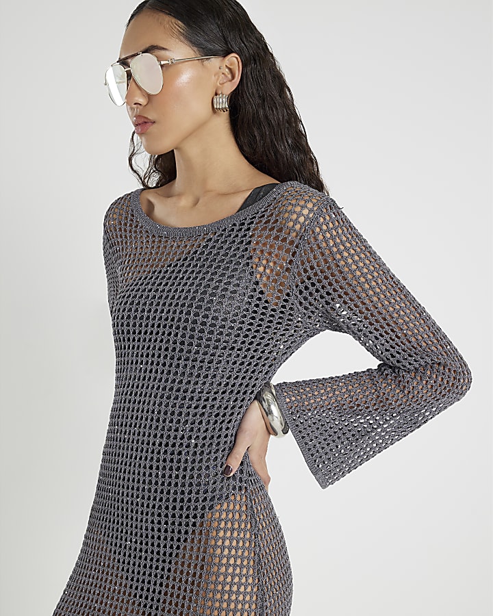 Grey Lurex Long Sleeve Maxi Beach Dress