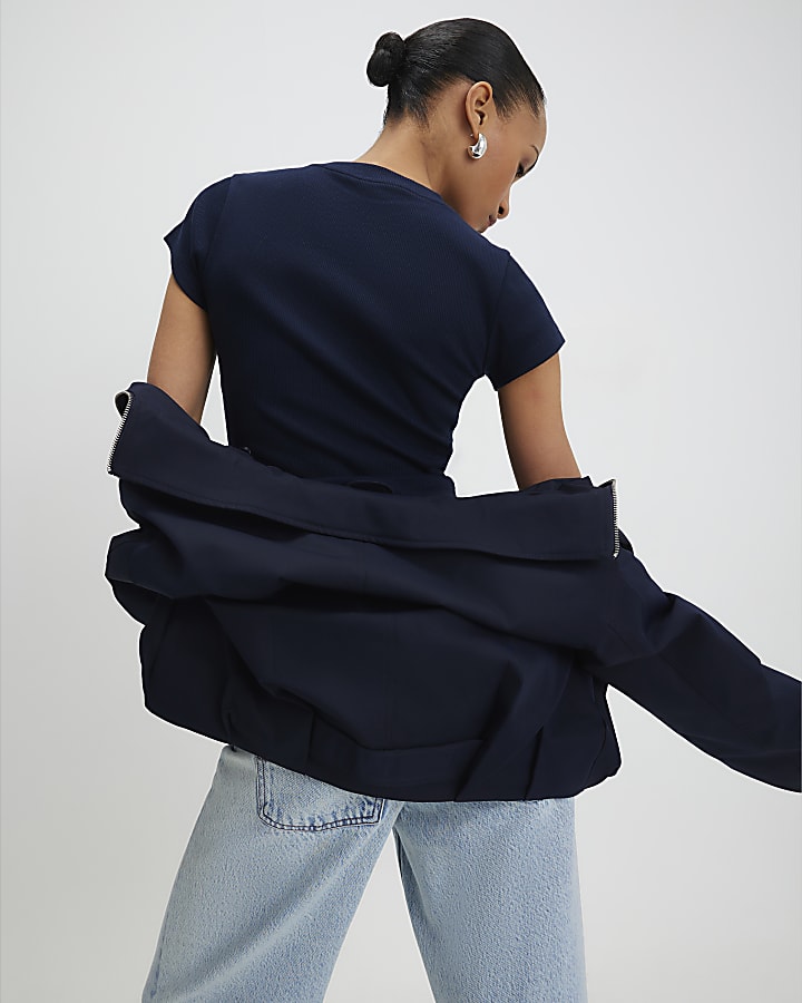 Navy Short Sleeve Fitted Ribbed Top