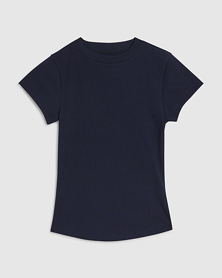 Navy Short Sleeve Fitted Ribbed Top