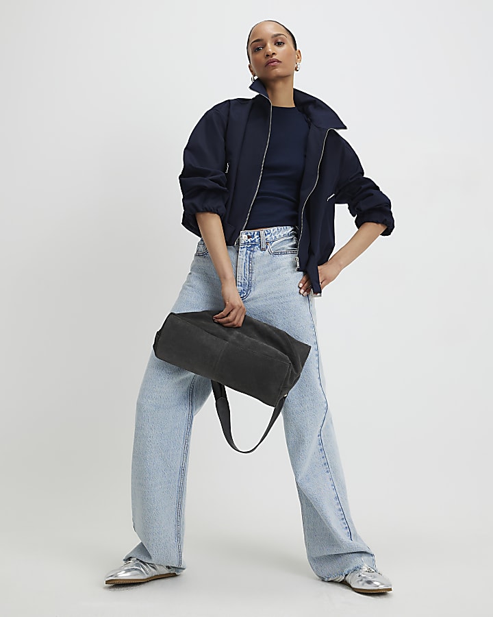 Navy Short Sleeve Fitted Ribbed Top