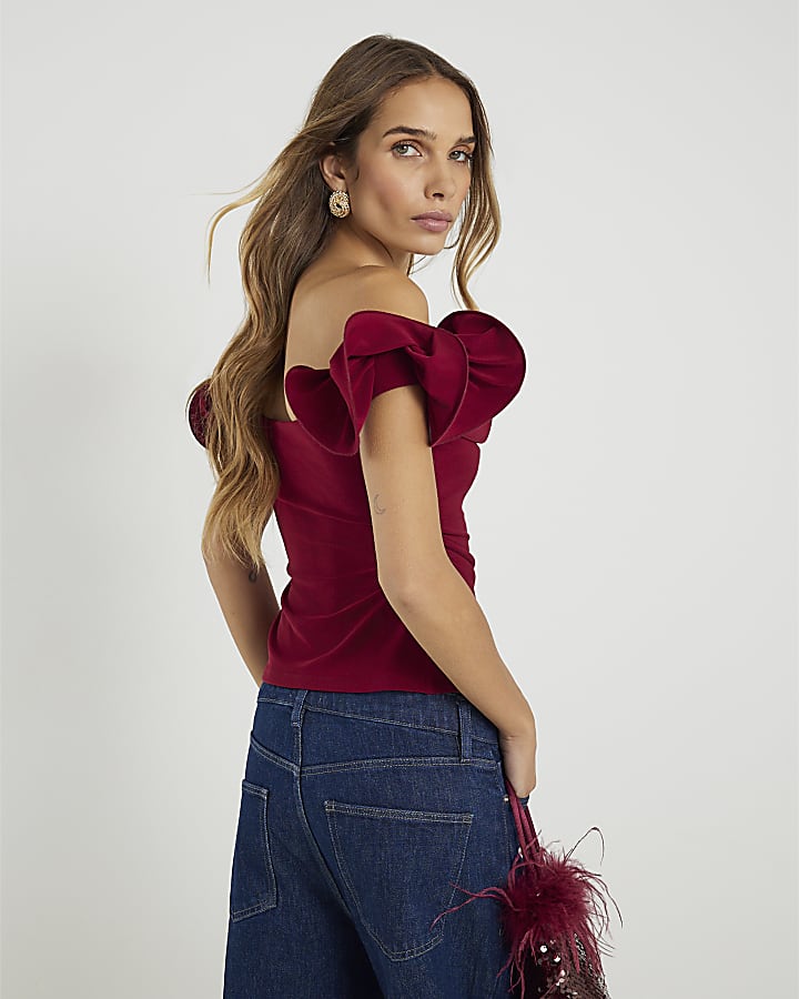 Red Frill Bardot Top