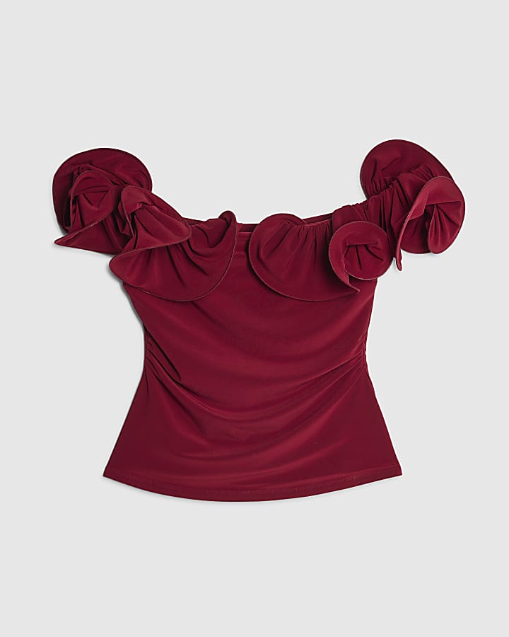 Red Frill Bardot Top