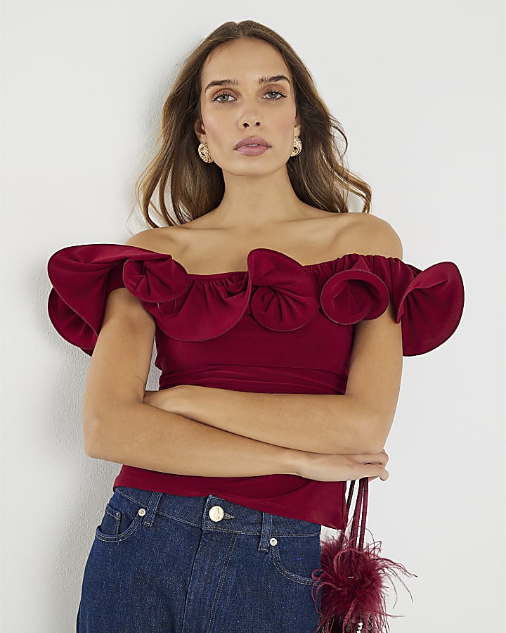 Red Frill Bardot Top