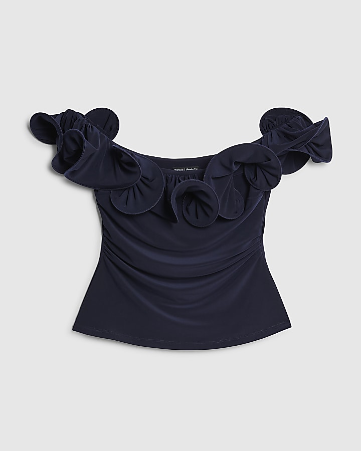 Navy Frill Bardot Top
