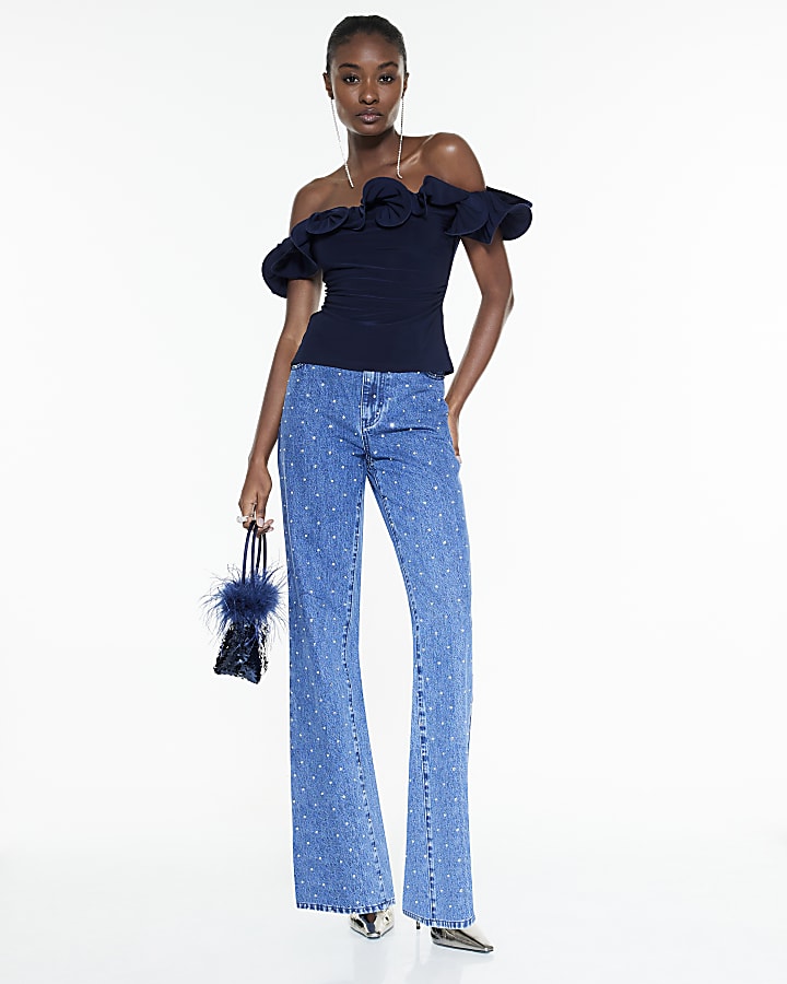 Navy Frill Bardot Top