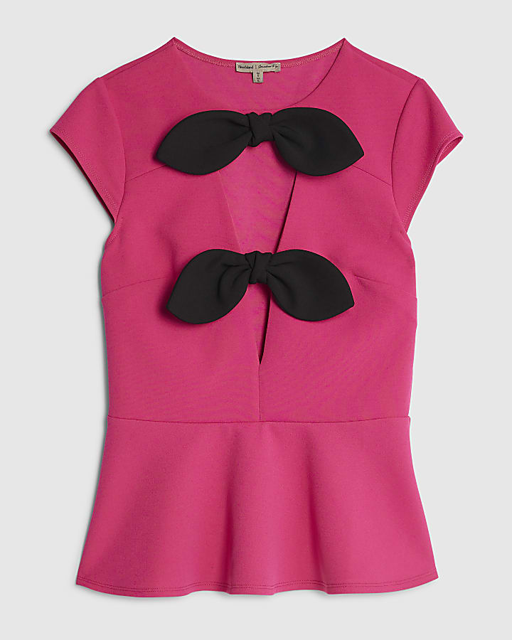 Pink Plunge Neckline Bow Top