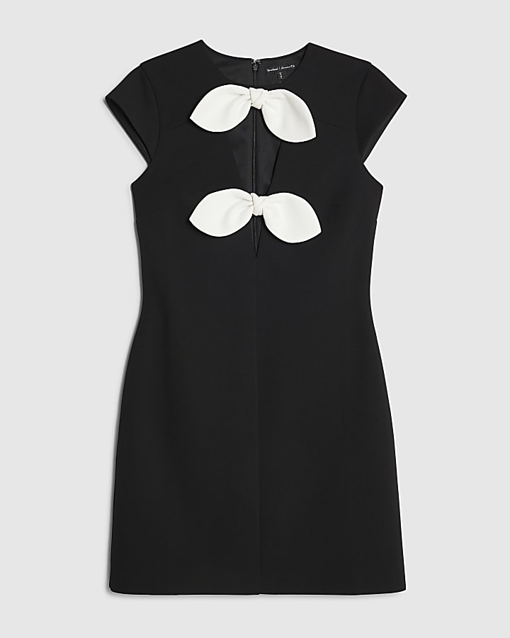 Black Plunge Neckline Bow Mini Dress