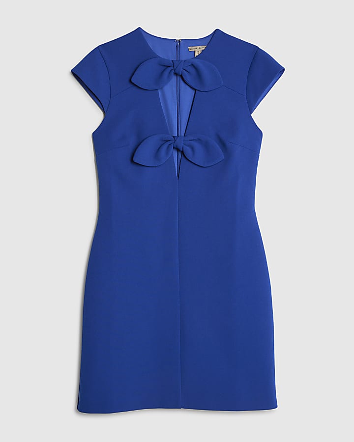 Blue Plunge Neckline Bow Mini Dress