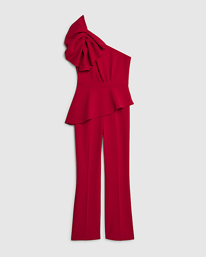 Red Sleeveless Asymmetric Ruffle Jumpsuit