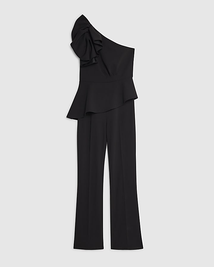 Black Sleeveless Asymmetric Ruffle Jumpsuit
