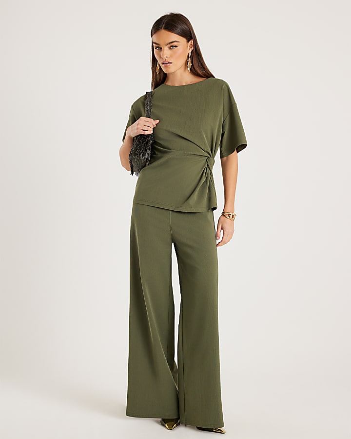 Khaki Wide Leg Trousers