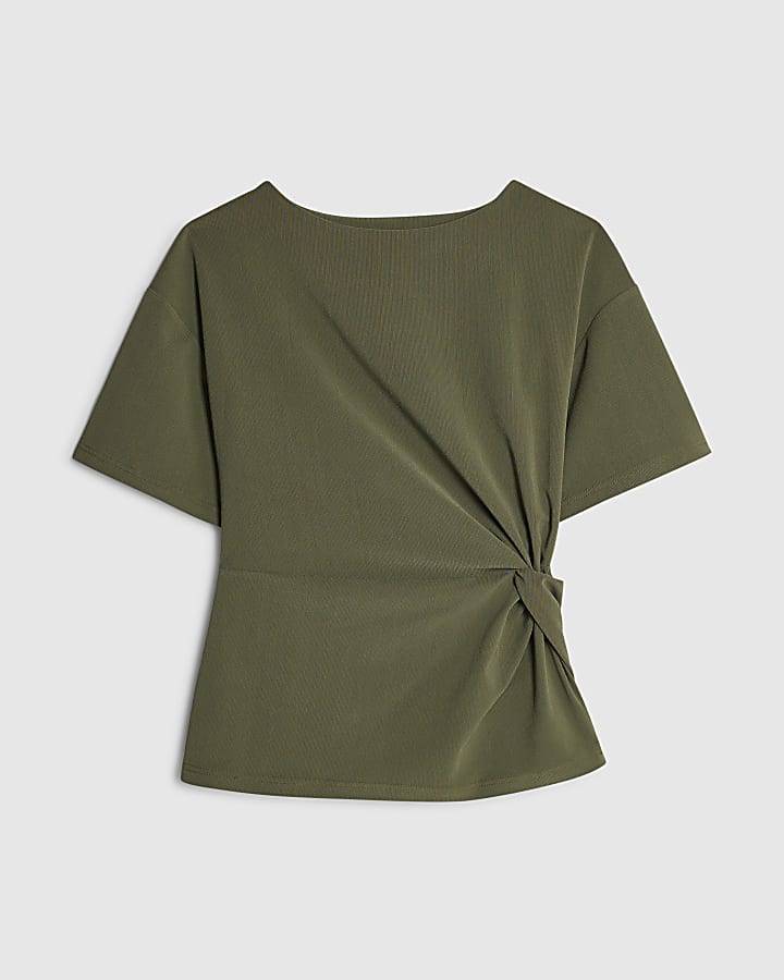 Khaki Short Sleeve Twist Detail Top