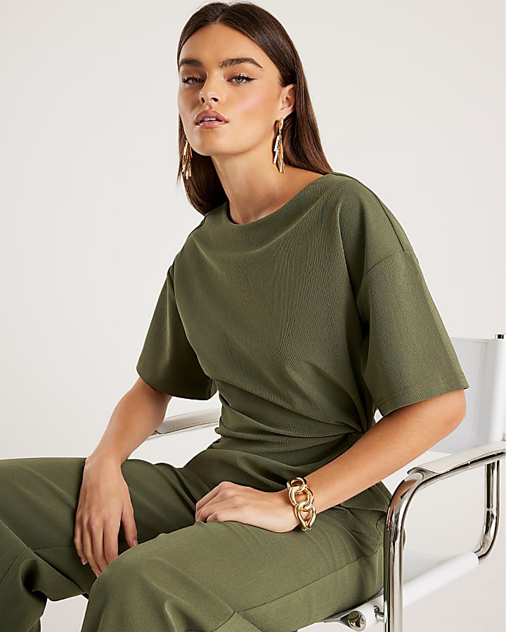 Khaki Short Sleeve Twist Detail Top