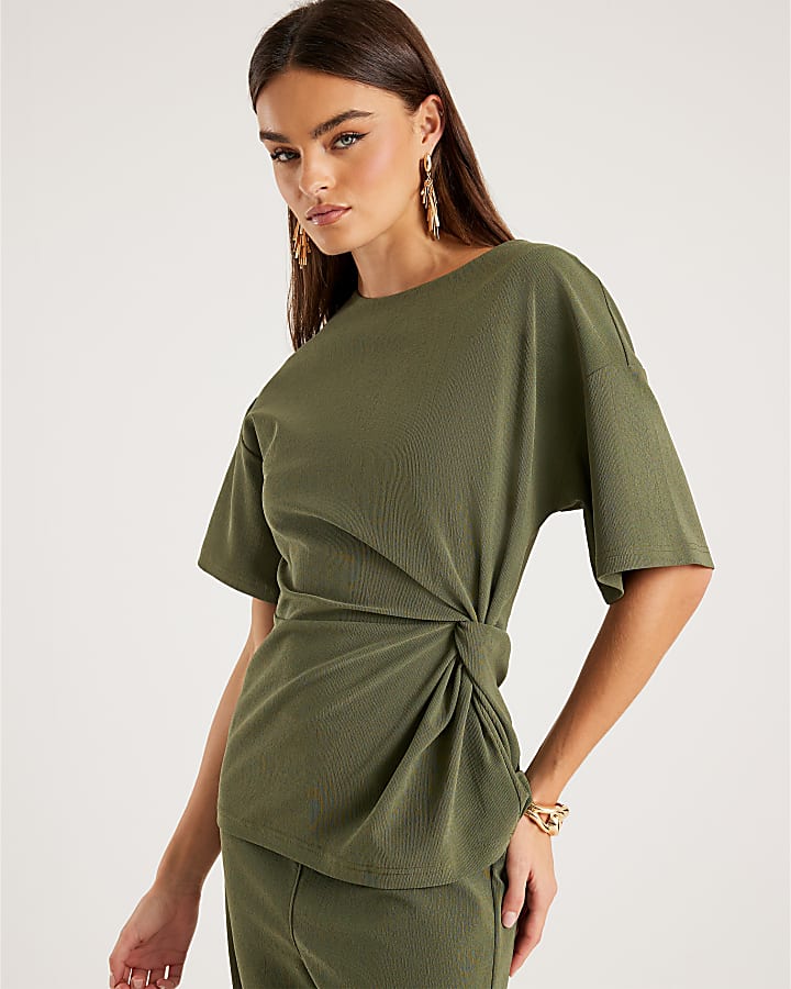 Khaki Short Sleeve Twist Detail Top