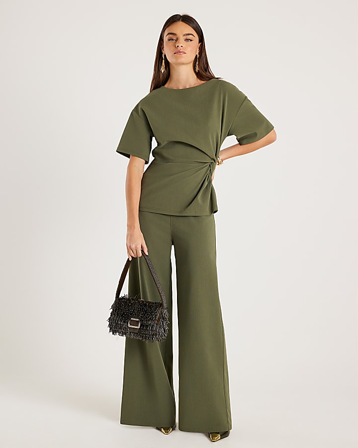 Khaki Short Sleeve Twist Detail Top
