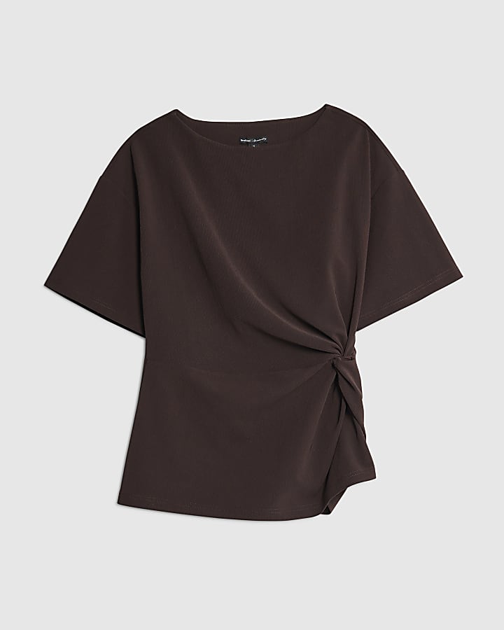 Brown Short Sleeve Twist Detail Top