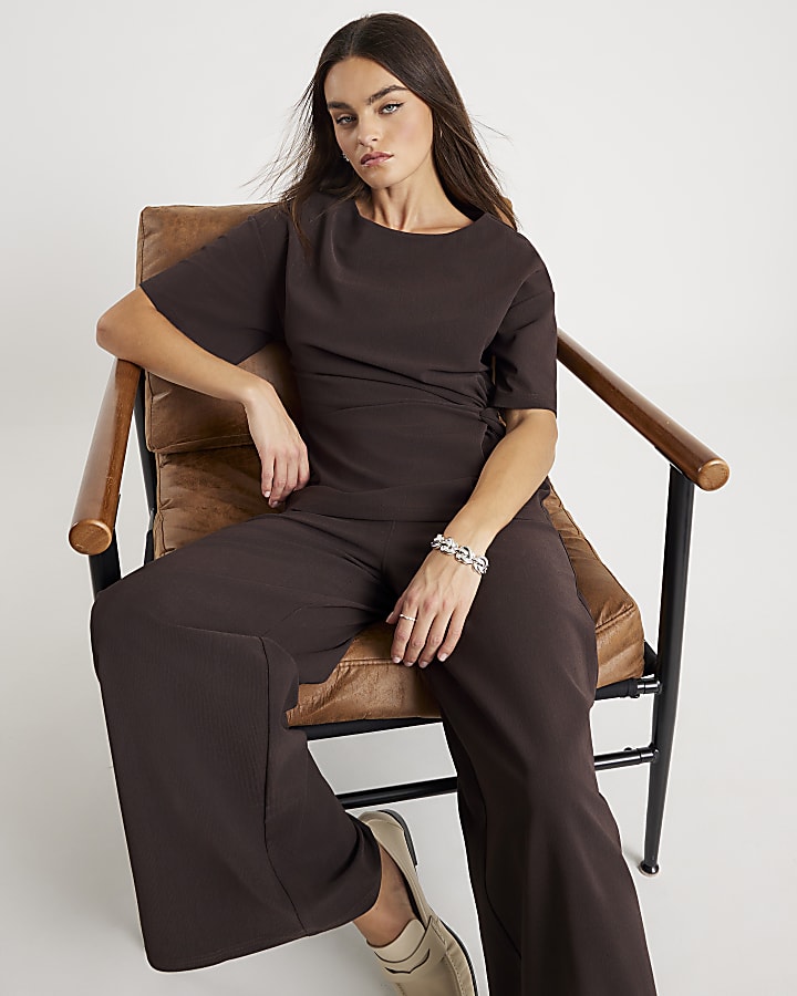 Brown Short Sleeve Twist Detail Top
