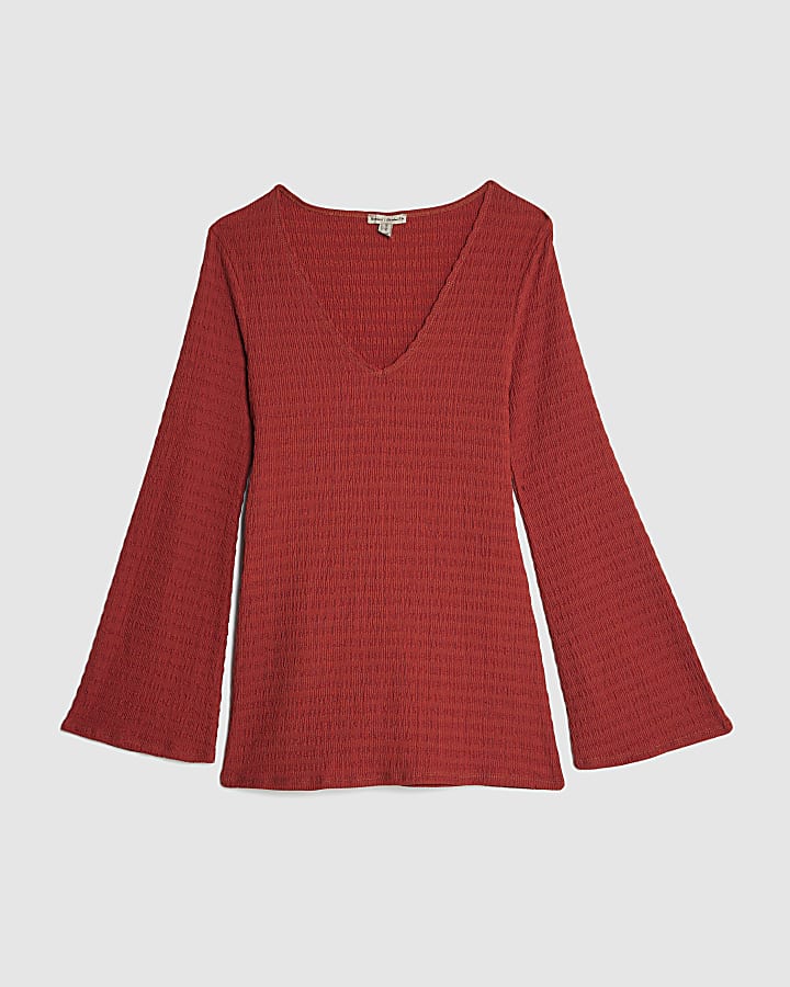 Red Textured Long Sleeve Tie Waist Top