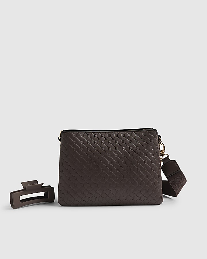 Brown Embossed Monogram Chain Cross Body Bag