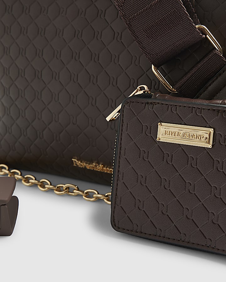 Brown Embossed Monogram Chain Cross Body Bag