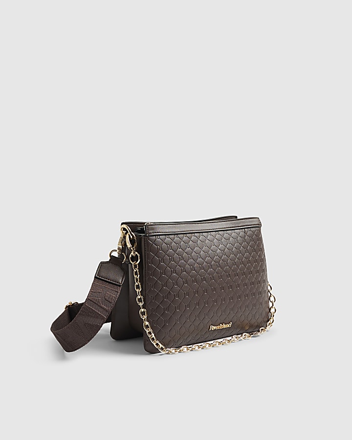 Brown Embossed Monogram Chain Cross Body Bag