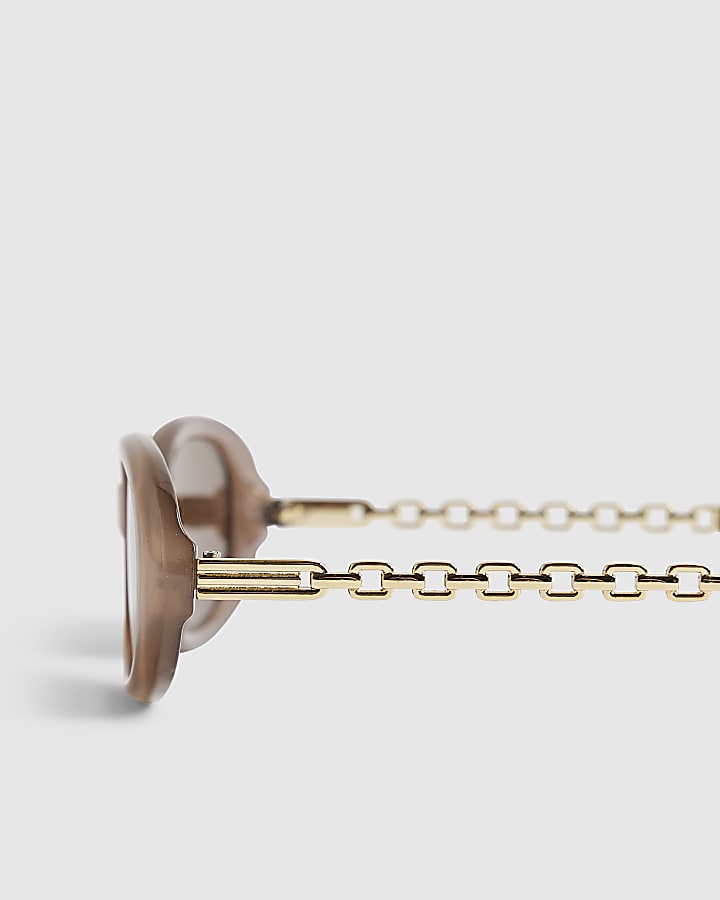 Brown Slim Oval Chain Detail Sunglasses