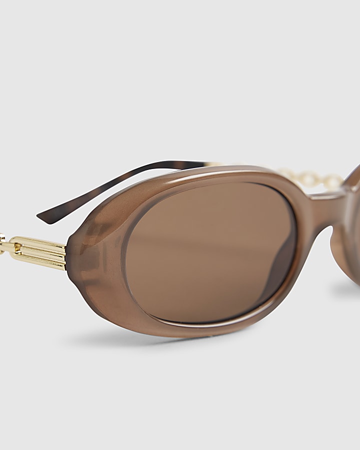 Brown Slim Oval Chain Detail Sunglasses