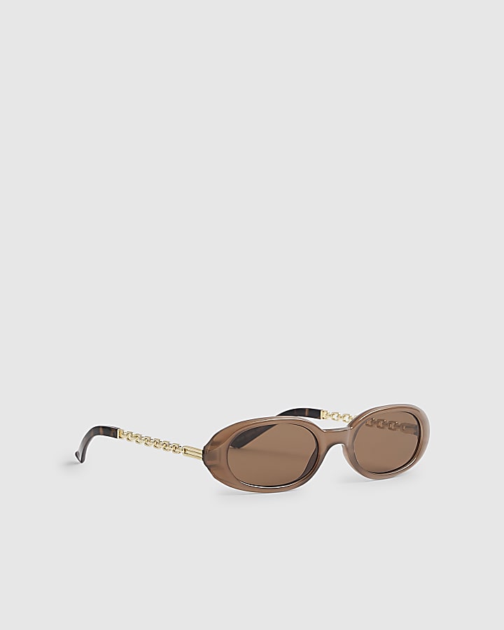 Brown Slim Oval Chain Detail Sunglasses