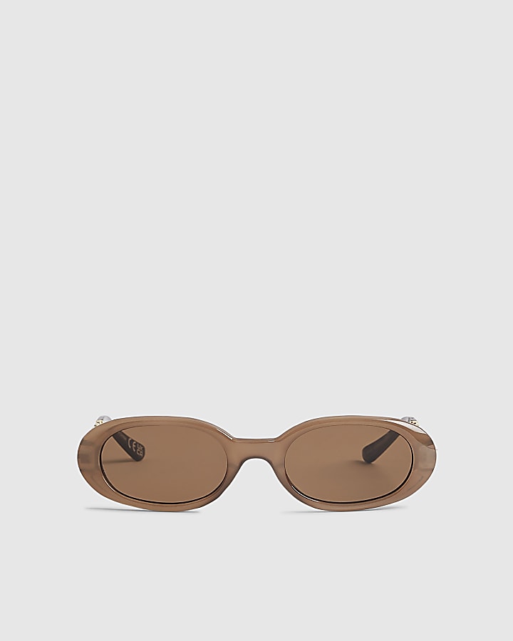 Brown Slim Oval Chain Detail Sunglasses