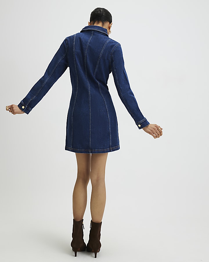 Blue Denim Long Sleeve Button Up Mini Dress